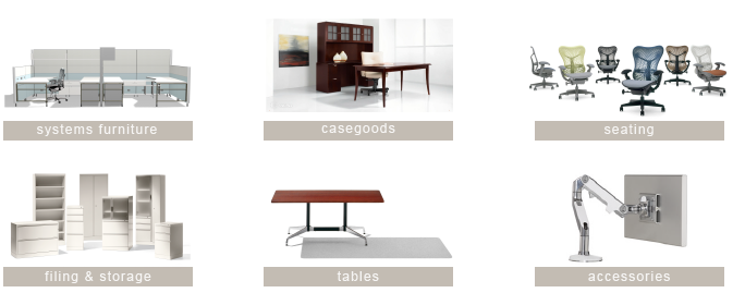 systems furniture, seating, casegoods, filing and storage, tables, and computer and furniture accessories